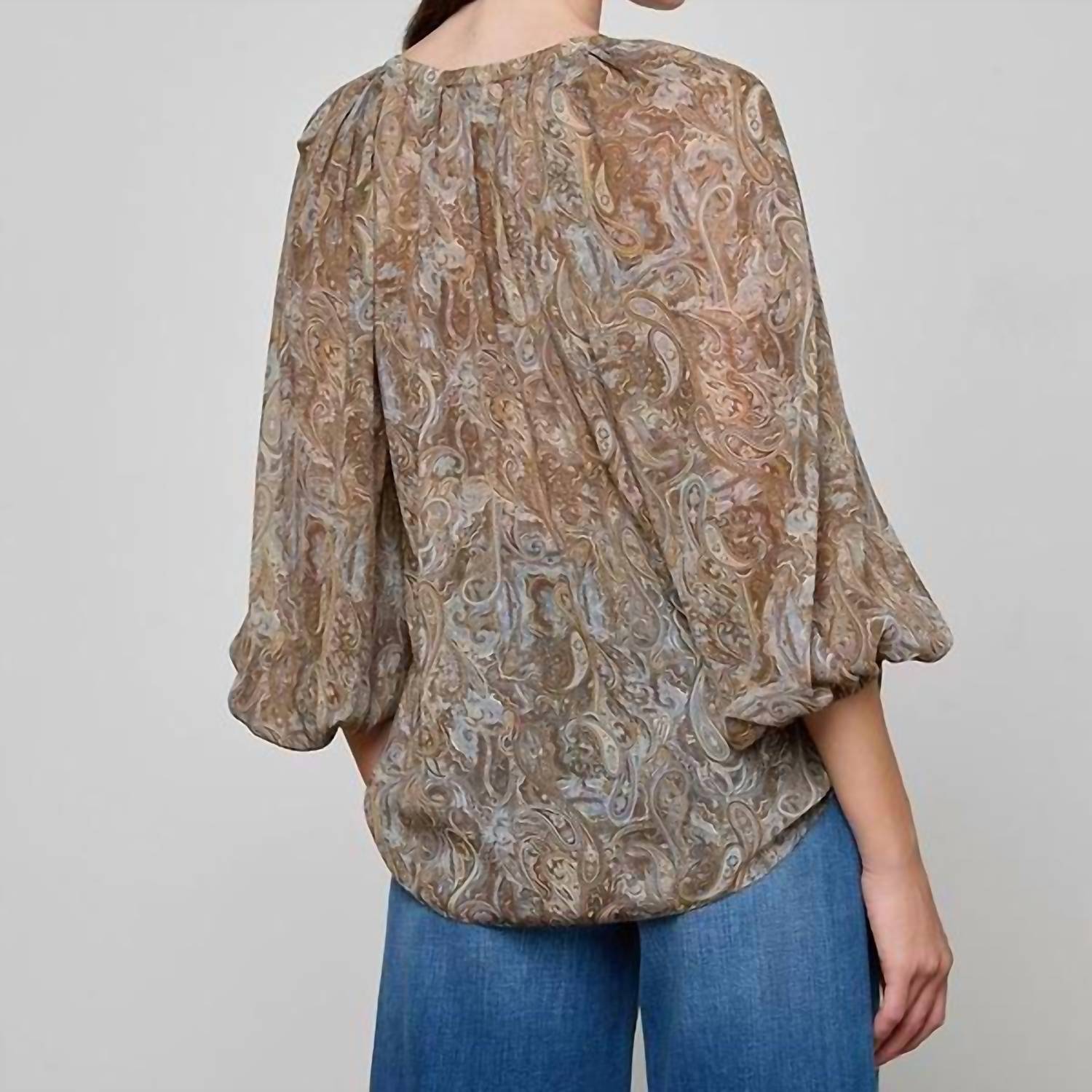 L'Agence Teagan Dolman Sleeve Blouse in neutral blue ditsy - women's blouse - detail view