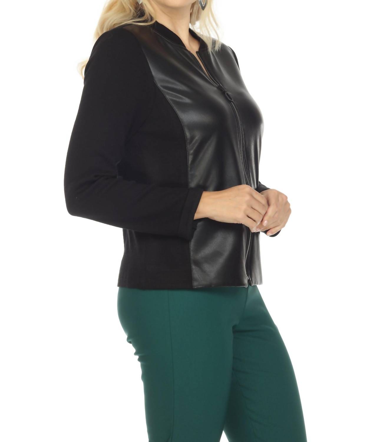 Joseph Ribkoff - Faux Leather Zip-up Long Sleeve Jacket