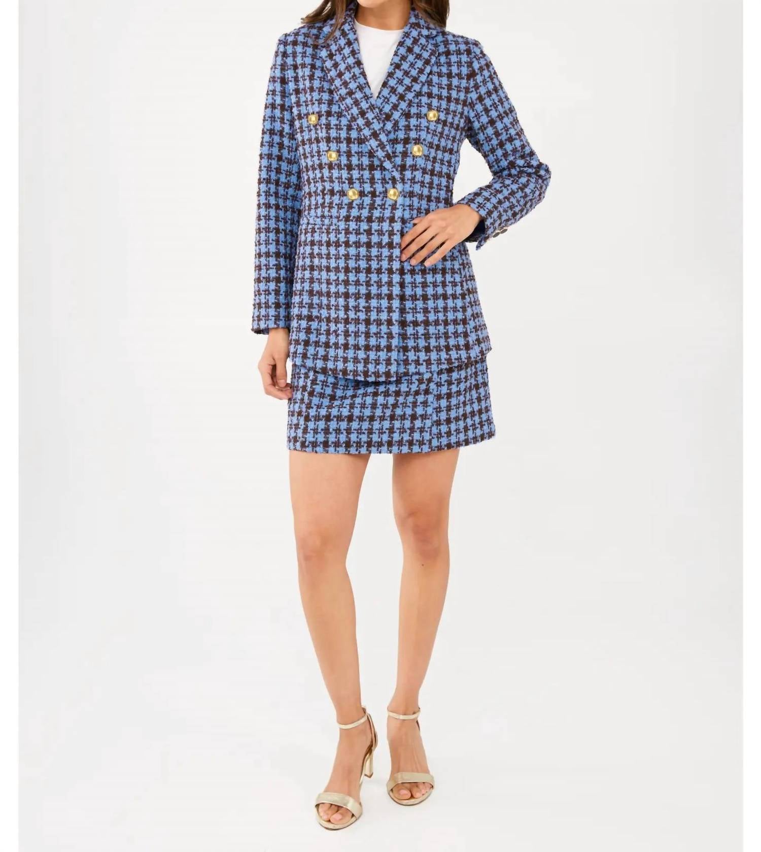 ABBEY GLASS Calvin Houndstooth Tweed Blazer in blue brown - women's jacket - alternate view
