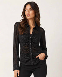 Mystree - Burnout Velvet Gathered Button-down Top