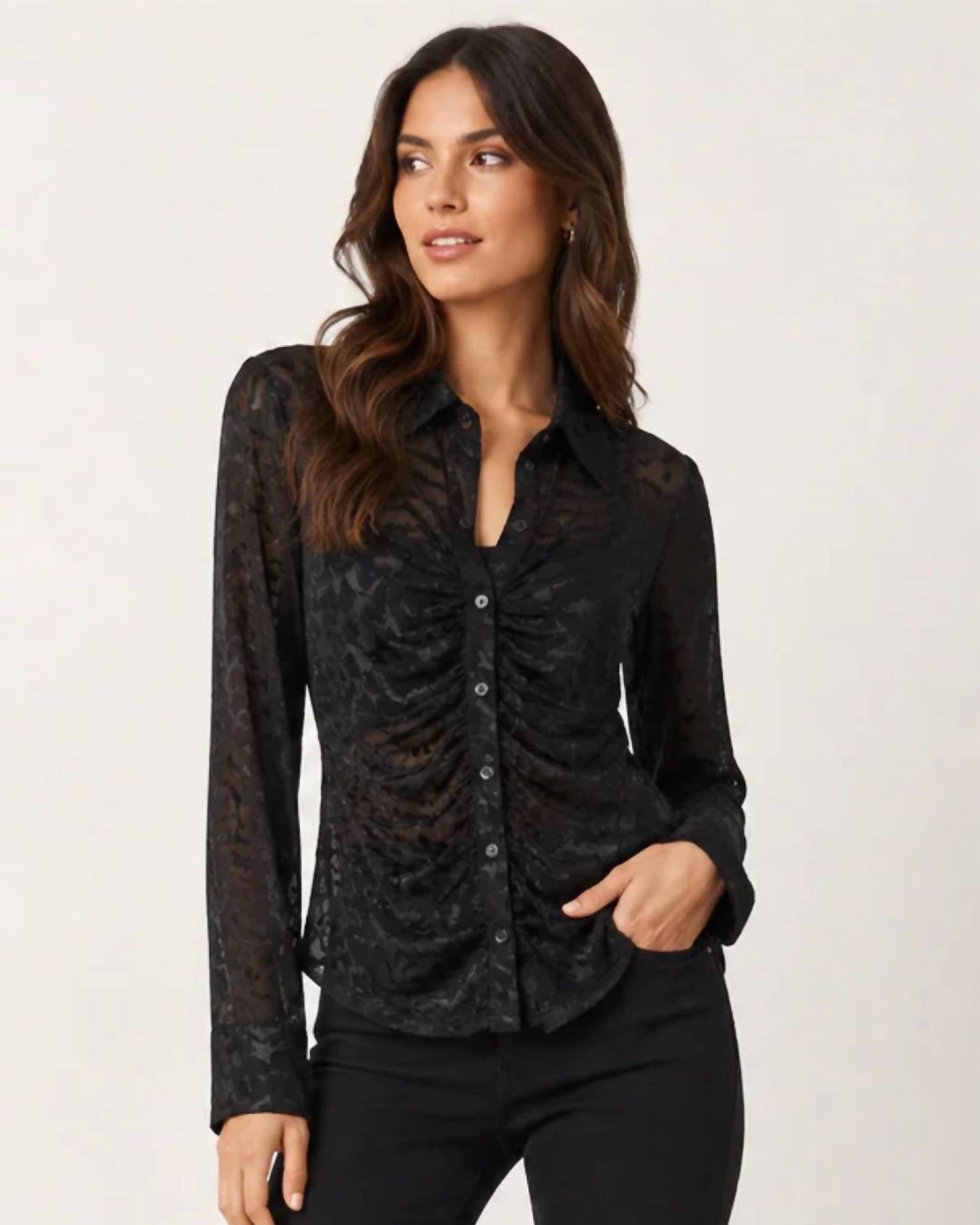 Mystree - Burnout Velvet Gathered Button-down Top