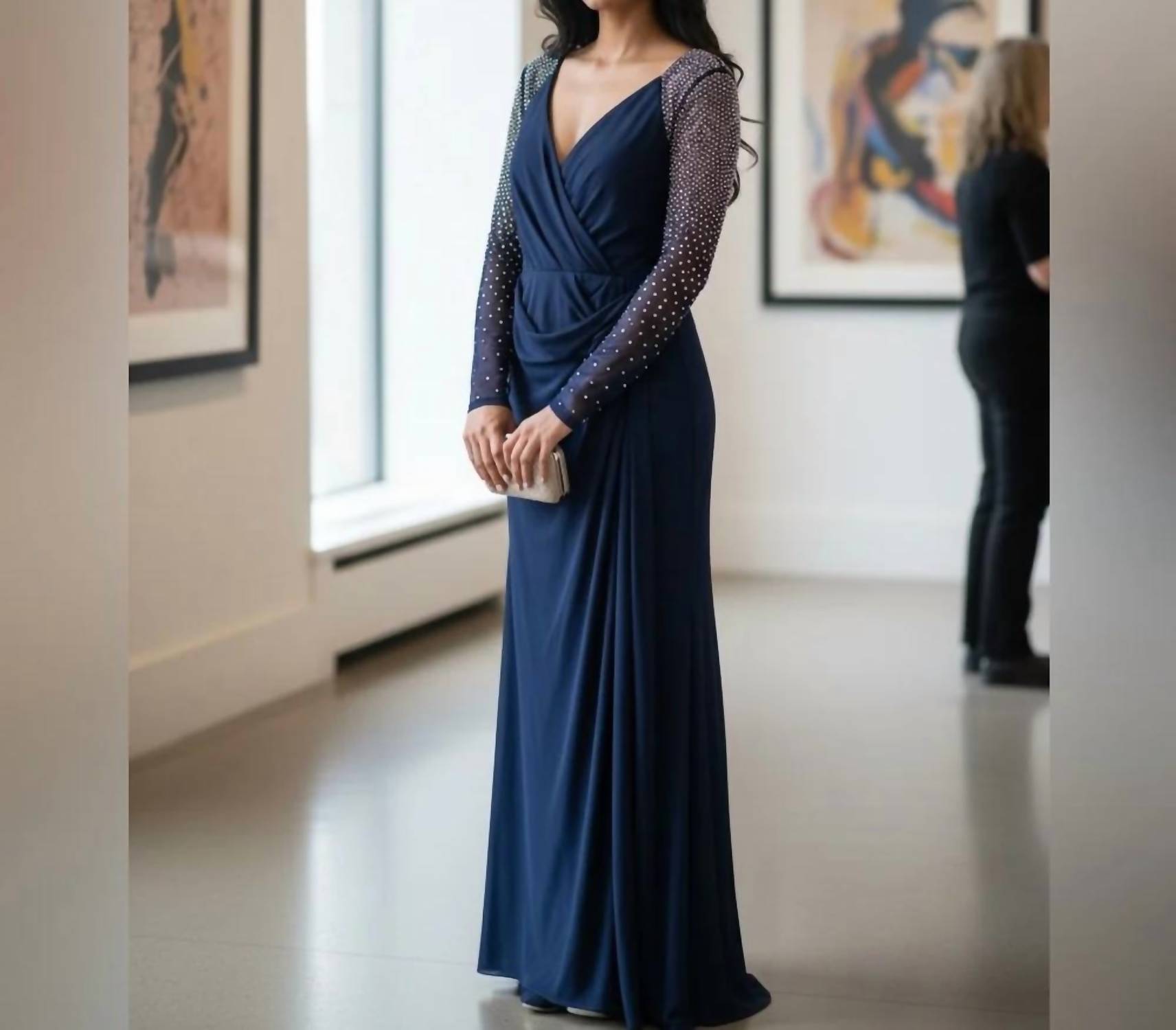 Betsy & Adam - Women's Embellished Sheer Sleeve Wrap Maxi Dress