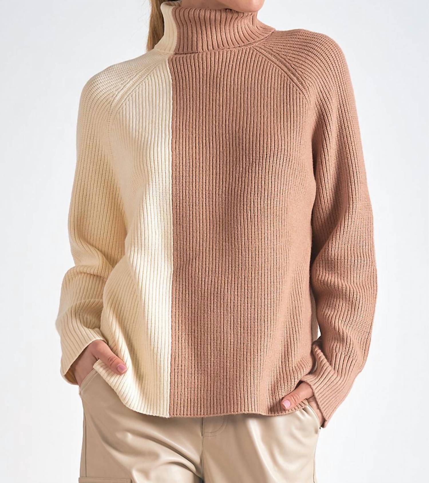 ELAN Turtle Neck Sweater in white beige color block - women's sweater - detail view