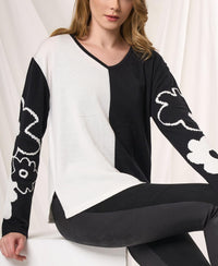 Angel Apparel Color Block And Floral Knit Top in black ivory - women's sweater - detail view