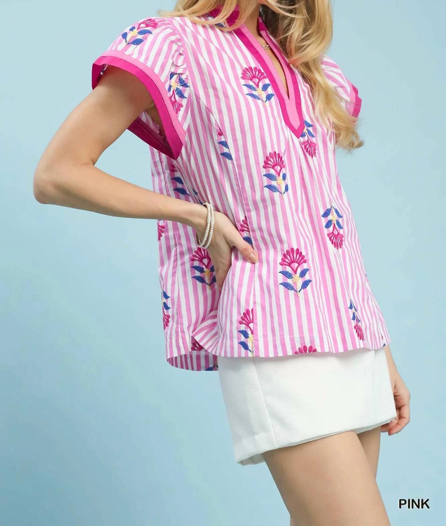 Umgee - Embroidered Striped Flutter Sleeve Top
