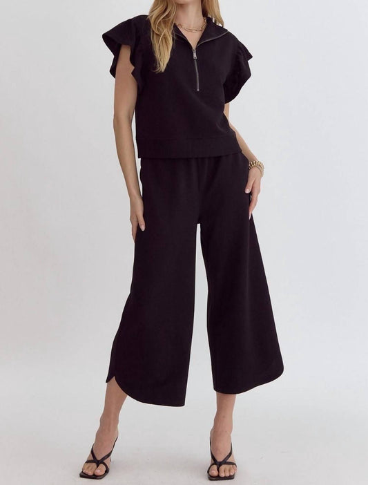 Entro - Half Zip Textured Flutter Sleeve Top