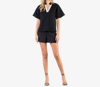 THML Contrast Trim V-Neck Top in black - women's t-shirt - detail view