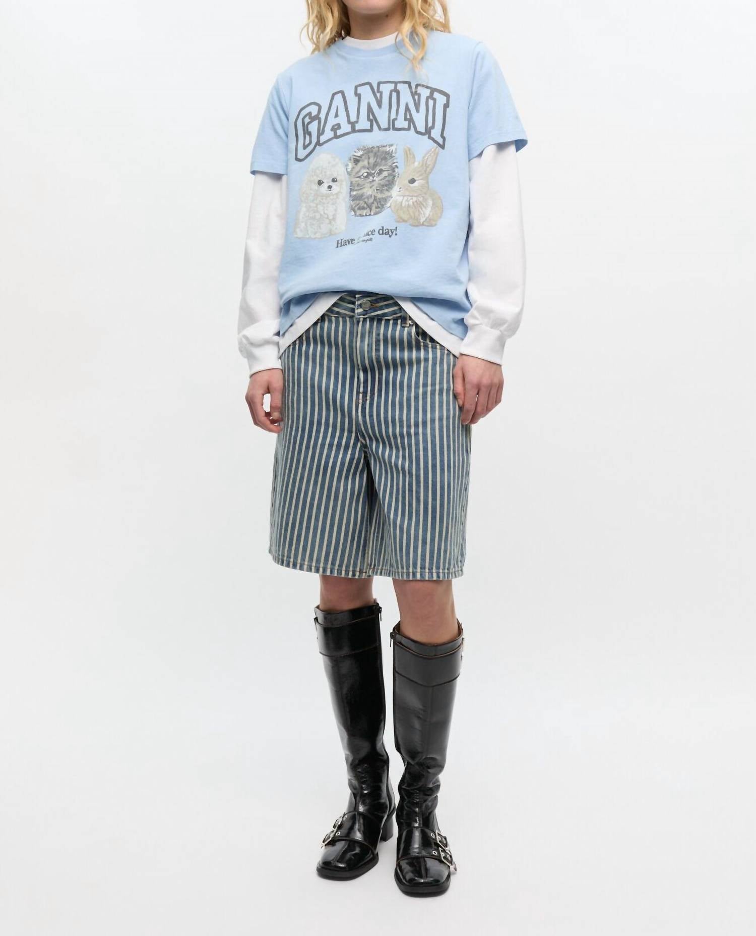 Ganni - Light Stripe Denim Shorts
