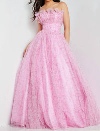 Jovani - Floral Print Ruffle Neckline Ballgown
