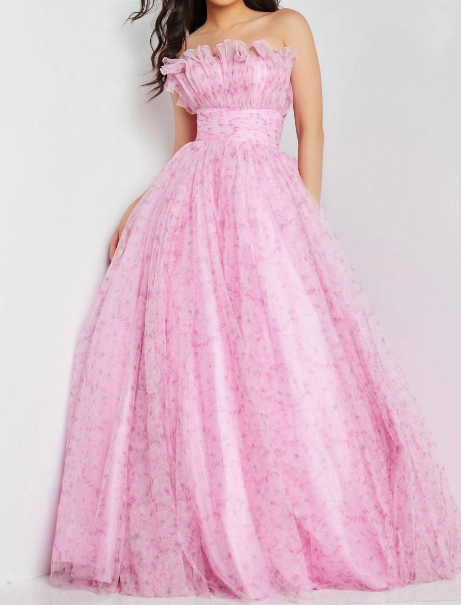 Jovani - Floral Print Ruffle Neckline Ballgown