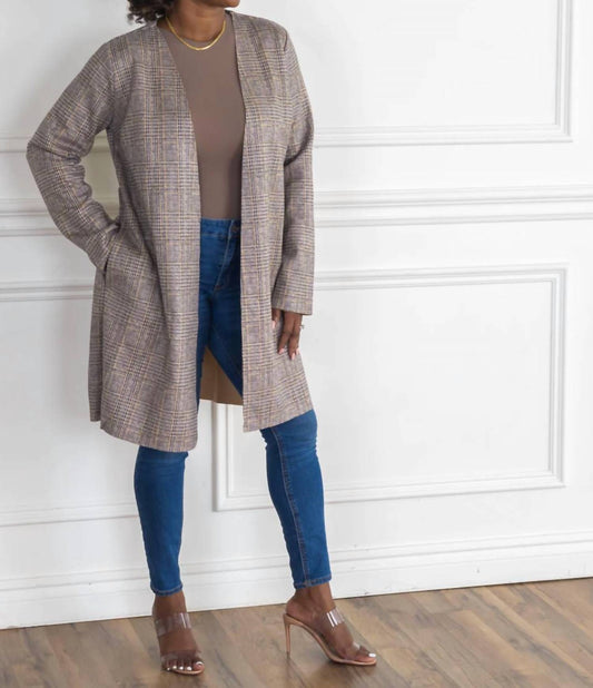 Davi & Dani - PLAID SUEDE LONGLINE SIDE SLITTED HEM BLAZER WITHOUT LAPEL