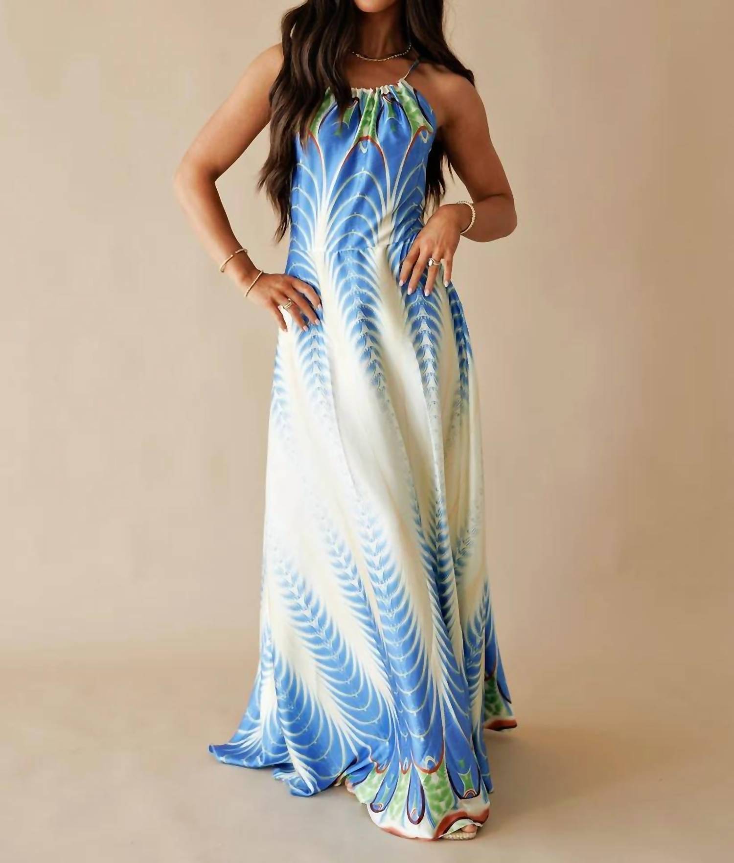Kld. Signature - Satin Border Print Halter Maxi Dress