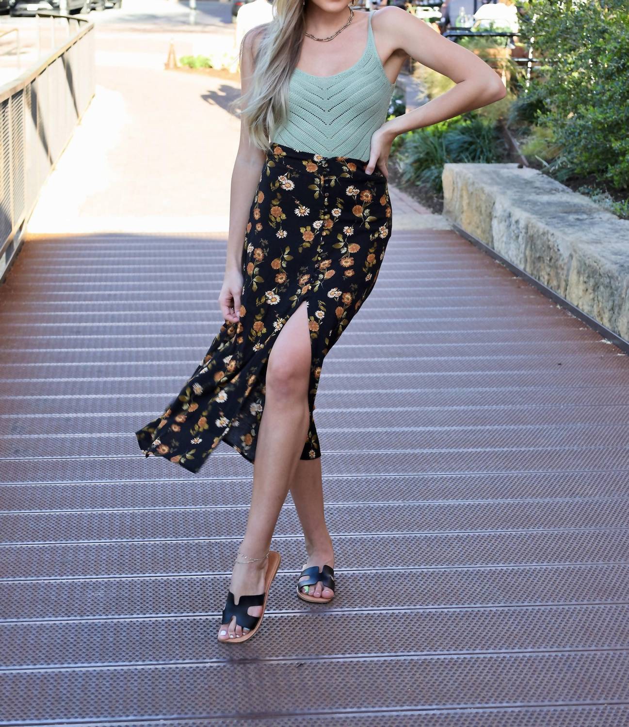 By Together - Floral Print Straight-line Midi Skirt