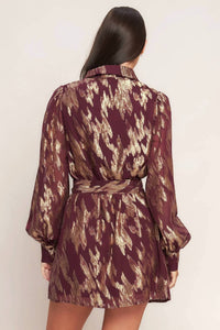 Flying Tomato - Muse Metallic Print Long Sleeve Collared Mini Dress