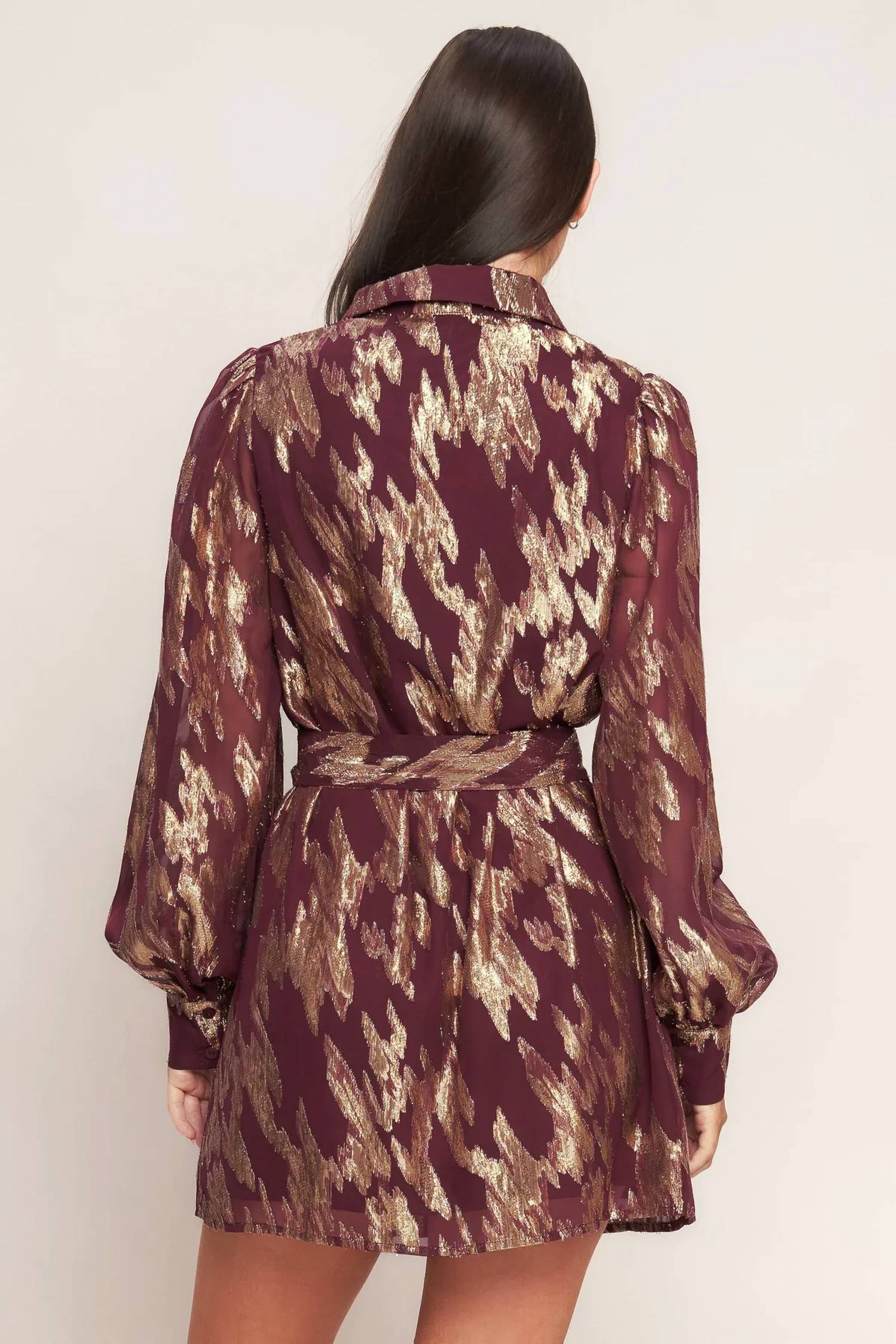 Flying Tomato - Muse Metallic Print Long Sleeve Collared Mini Dress