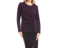 Karen Kane Long Sleeve Metallic Knit Side-tie Top - Petite in eggplant - women's long sleeve top