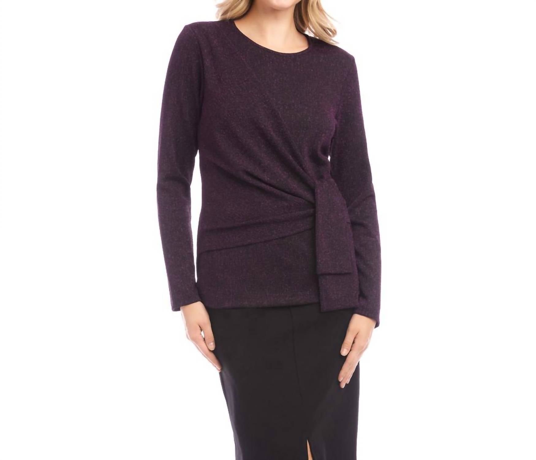 Karen Kane Long Sleeve Metallic Knit Side-tie Top - Petite in eggplant - women's long sleeve top