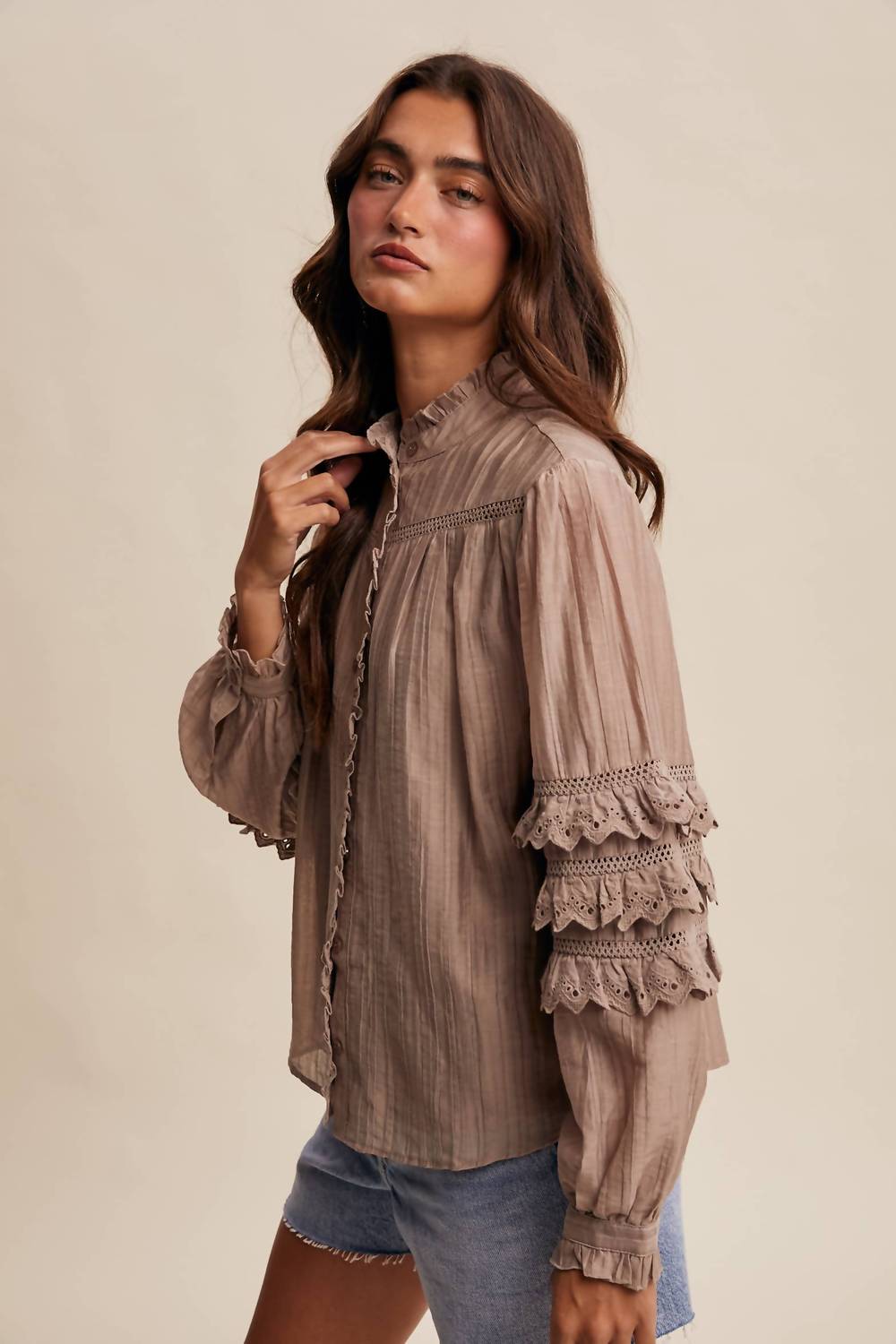 Listicle - Chey Ruffle Sleeve Pintuck Blouse