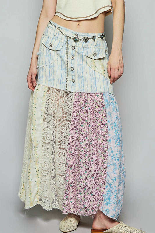 Pol - Woven floral print mixed skirt