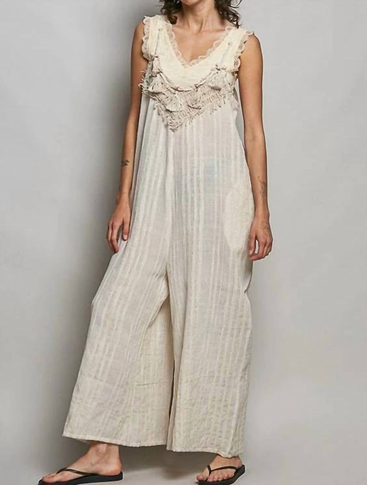Pol - Women's Artisan Stripe Cotton Tassel Raw Edge Jumpsuit