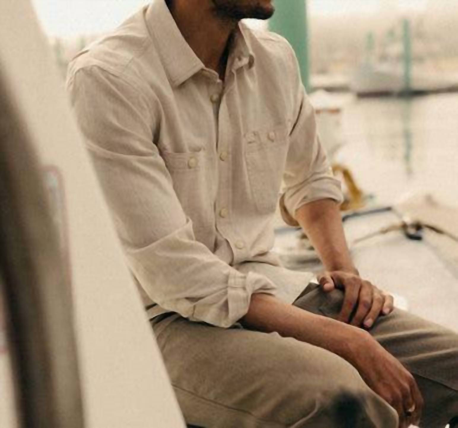 Taylor Stitch Men's Foundry Shirt in natural chambray - men's long sleeve top - detail view