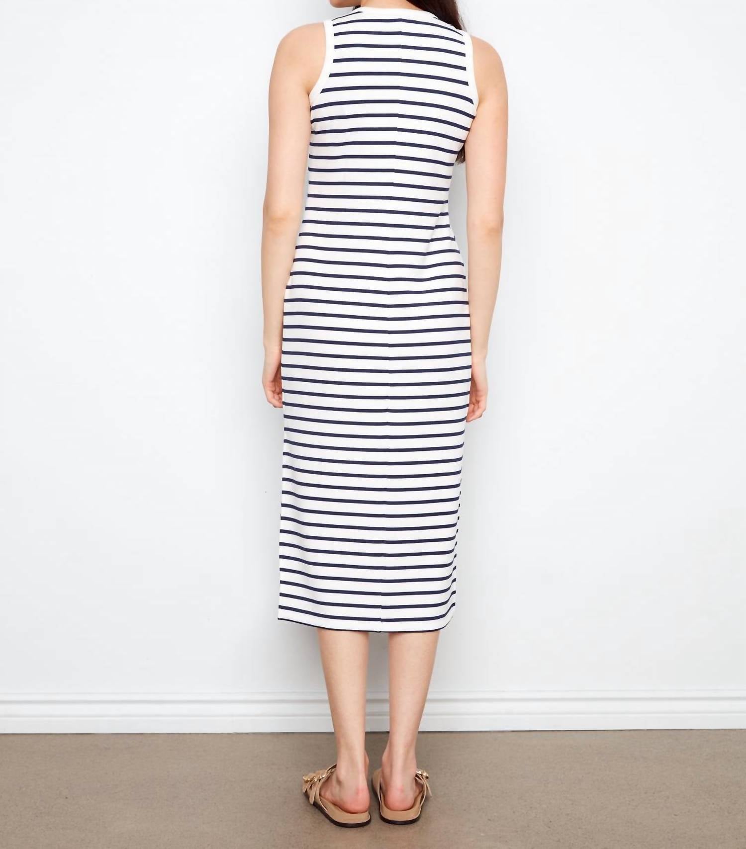 CHARLIE B Scuba Sleeveless Striped Yarn Dye Dress in denim - women's dress - detail view