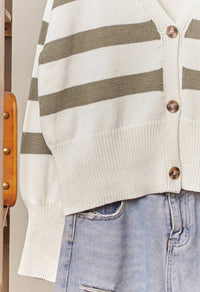 Mello Women's Striped V-neck Knit Cardigan in ivory - women's cardigan - alternate view