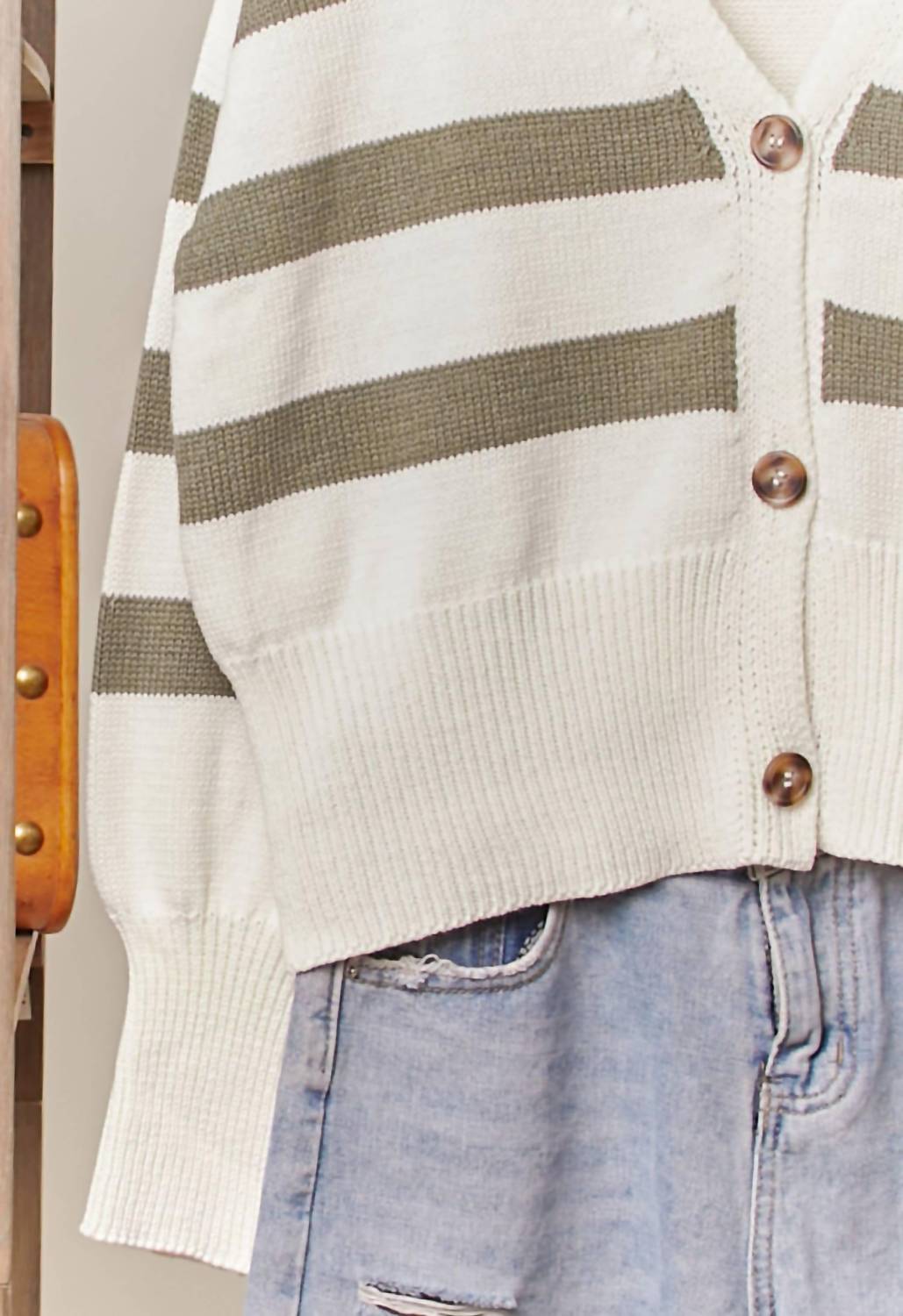 Mello Women's Striped V-neck Knit Cardigan in ivory - women's cardigan - alternate view