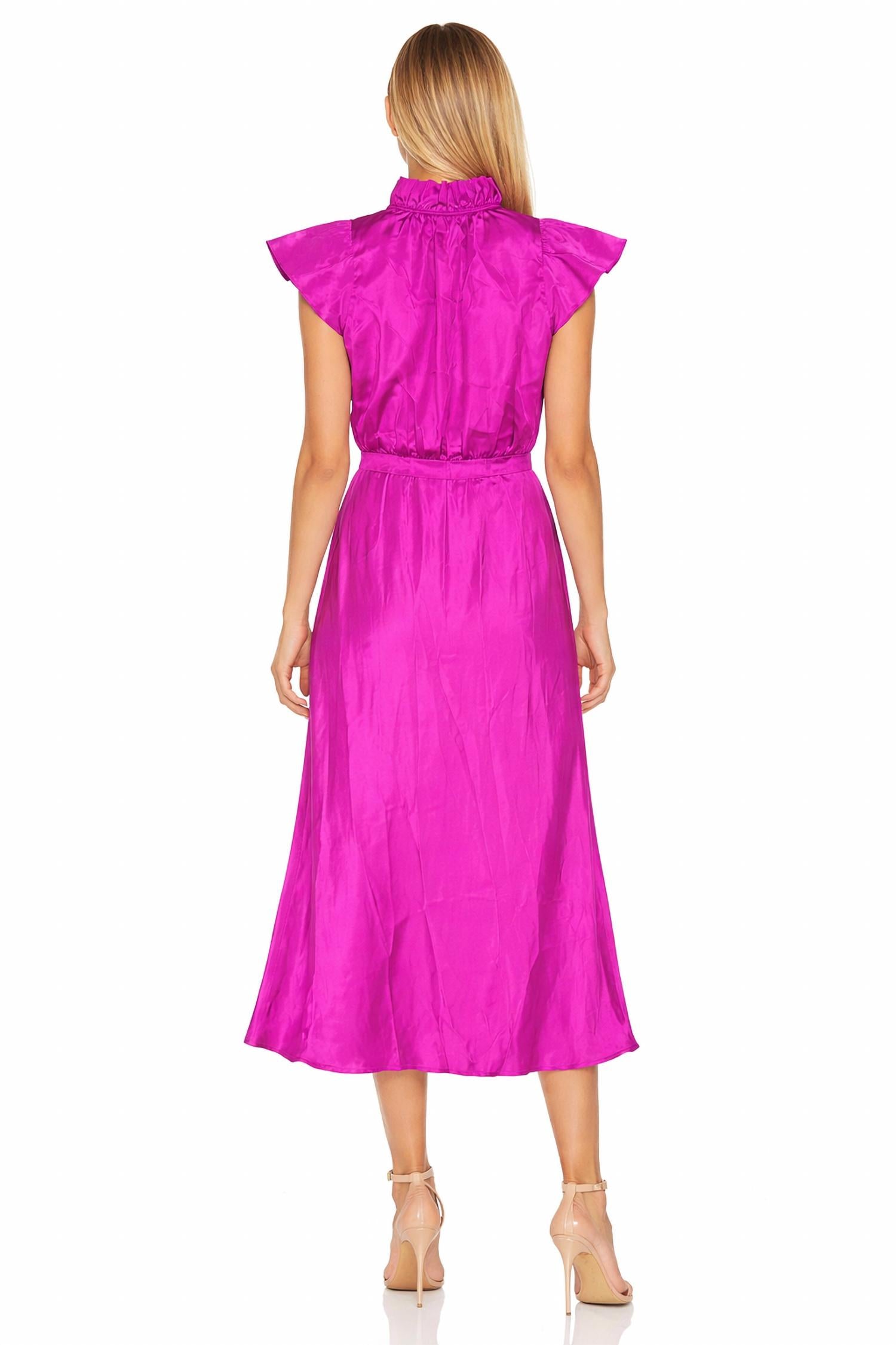 Amanda Uprichard Ruffle Neck Silk Midi Dress in fuchsia - women's dress - detail view