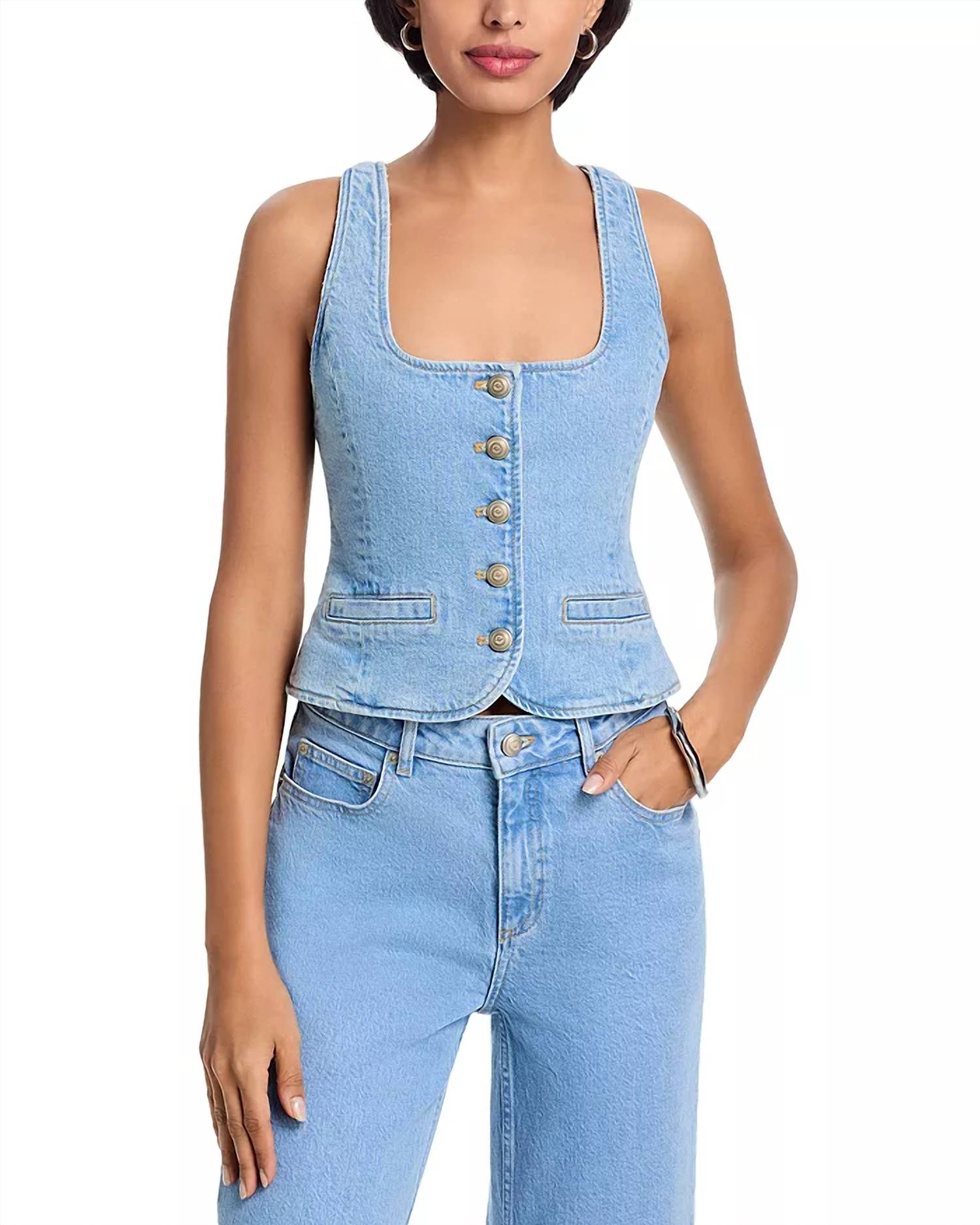 cinq a sept Zephyr Denim Rowena Top in blue - women's t-shirt - detail view