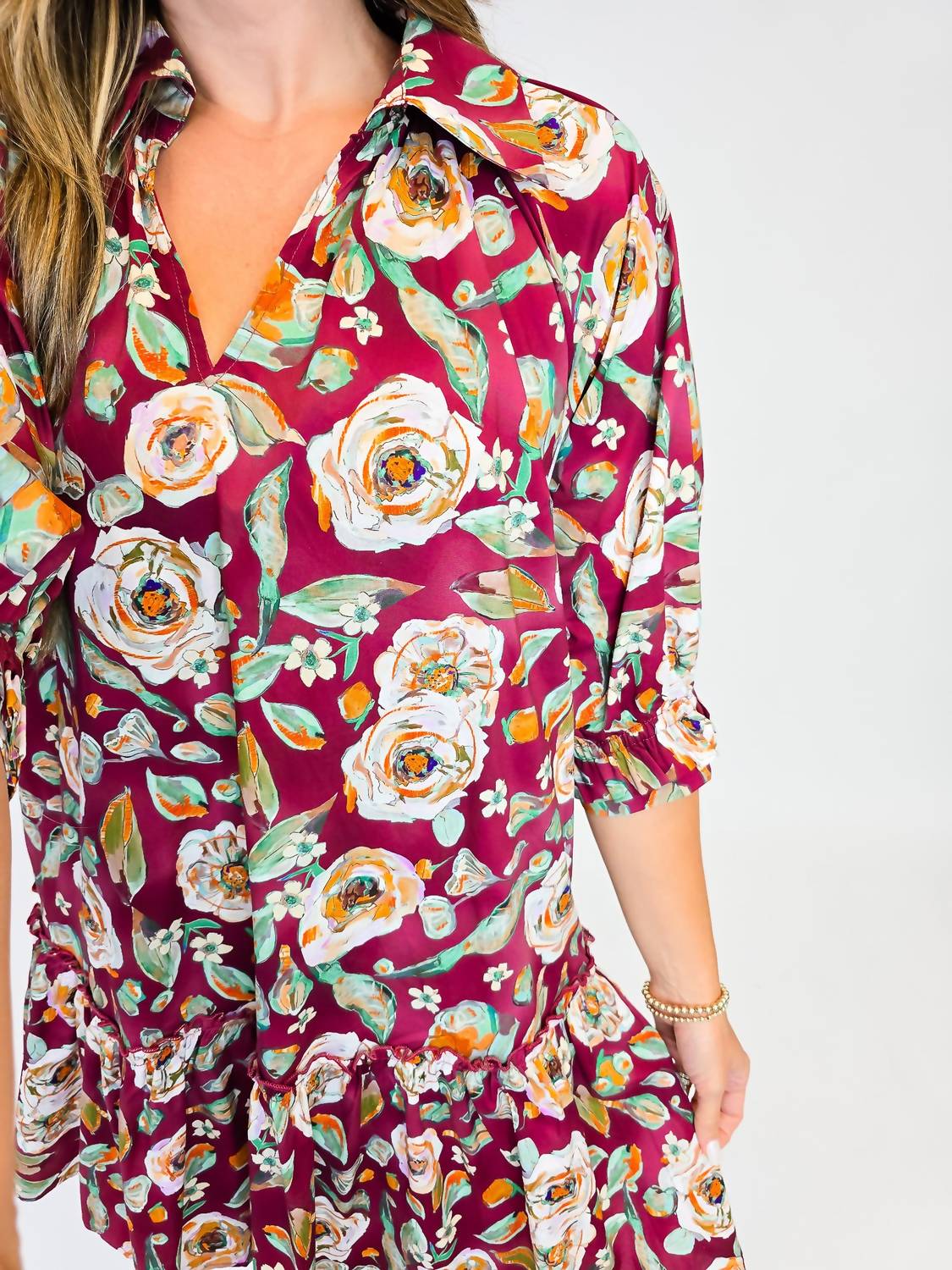 Umgee - Floral Drop Waist Shirt Dress