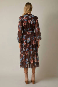 Gilli - Round Neck Long Sleeve Button Up Waist Tie Floral Midi Dress