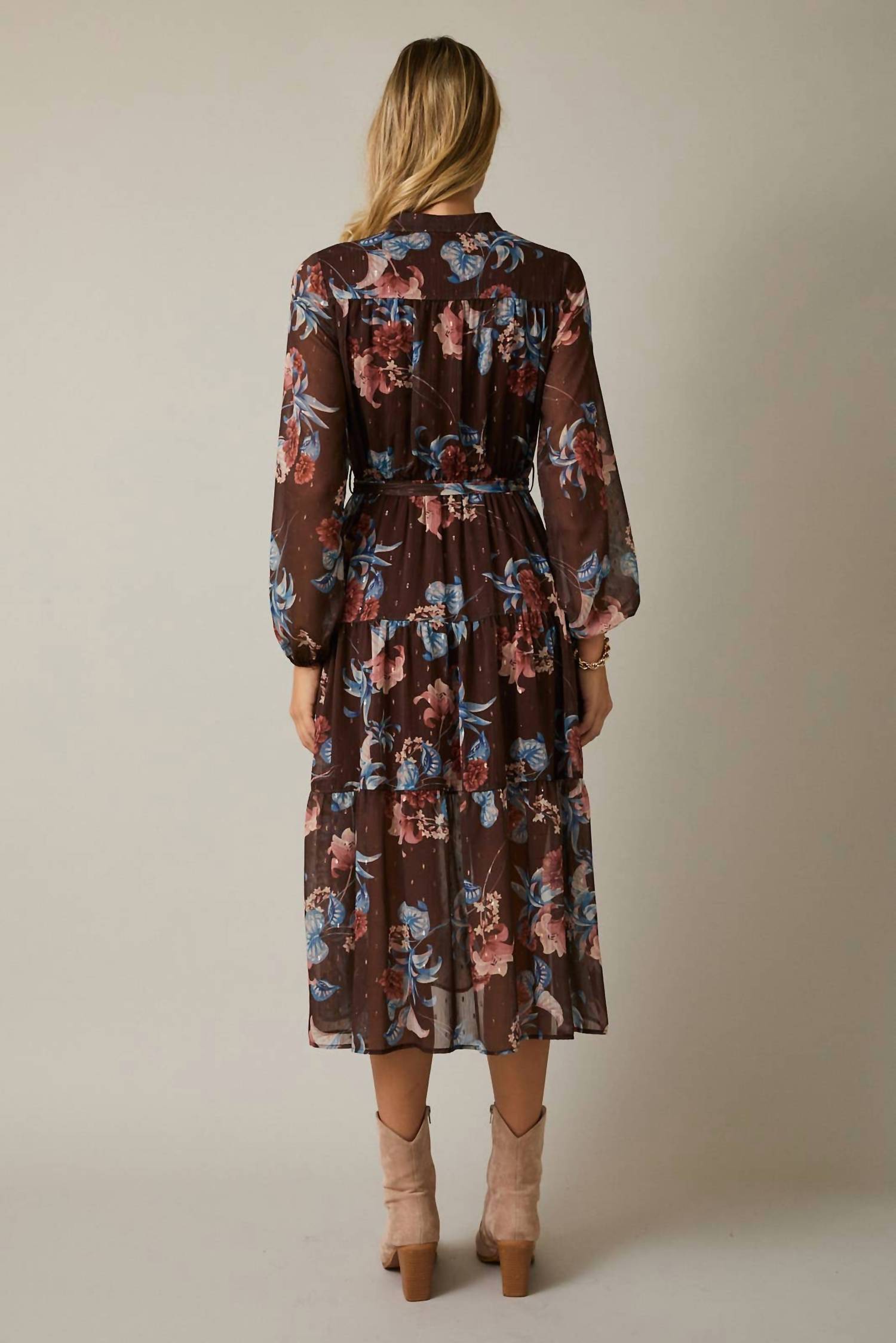 Gilli - Round Neck Long Sleeve Button Up Waist Tie Floral Midi Dress