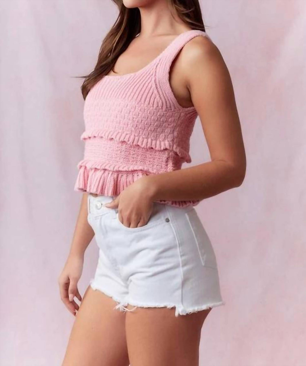 Peach Love - Ruffle Detail Heavy Crochet Tank Top