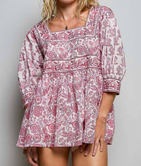 Pol - Boho Square Neck Block Print Relaxed Fit Top