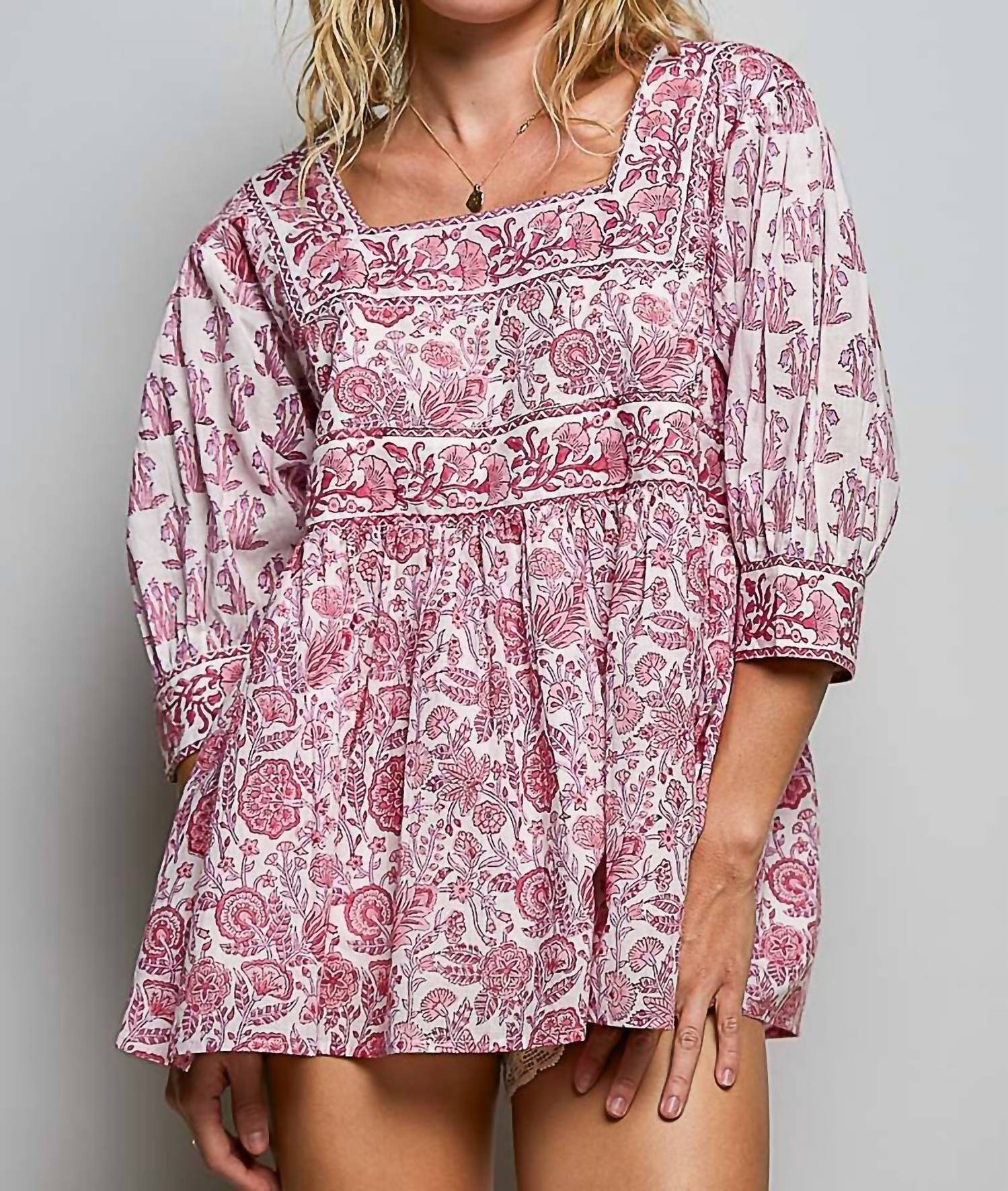 Pol - Boho Square Neck Block Print Relaxed Fit Top