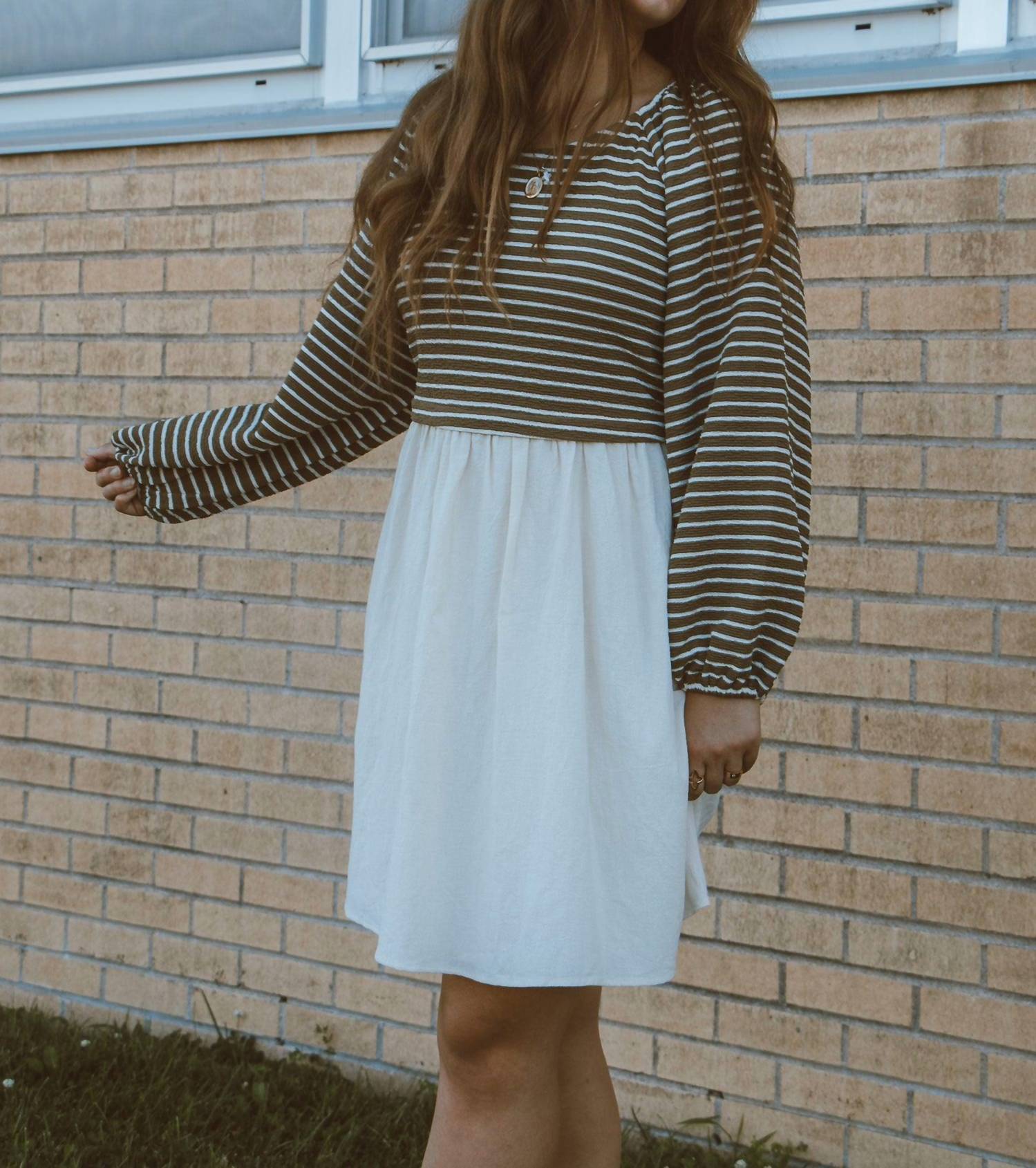 Mikarose Class In Session Striped Contrast Mini Dress in session striped contrast mini dress in olive green - women's dress - detail view