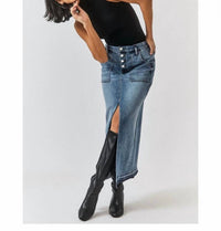 Level99 Carol Exposed Button Denim Maxi Skirt in stone blue - women's skirt