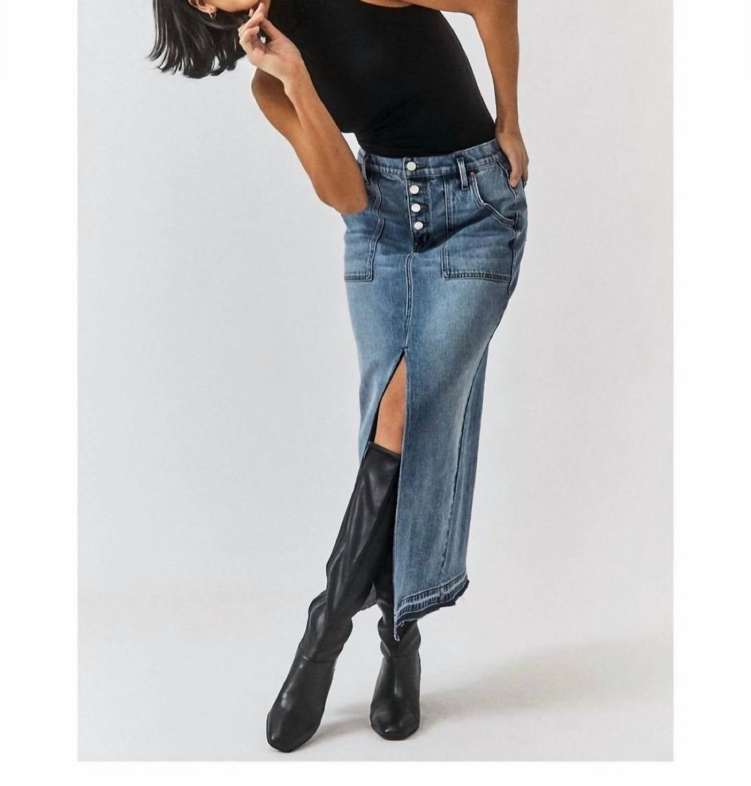 Level99 Carol Exposed Button Denim Maxi Skirt in stone blue - women's skirt