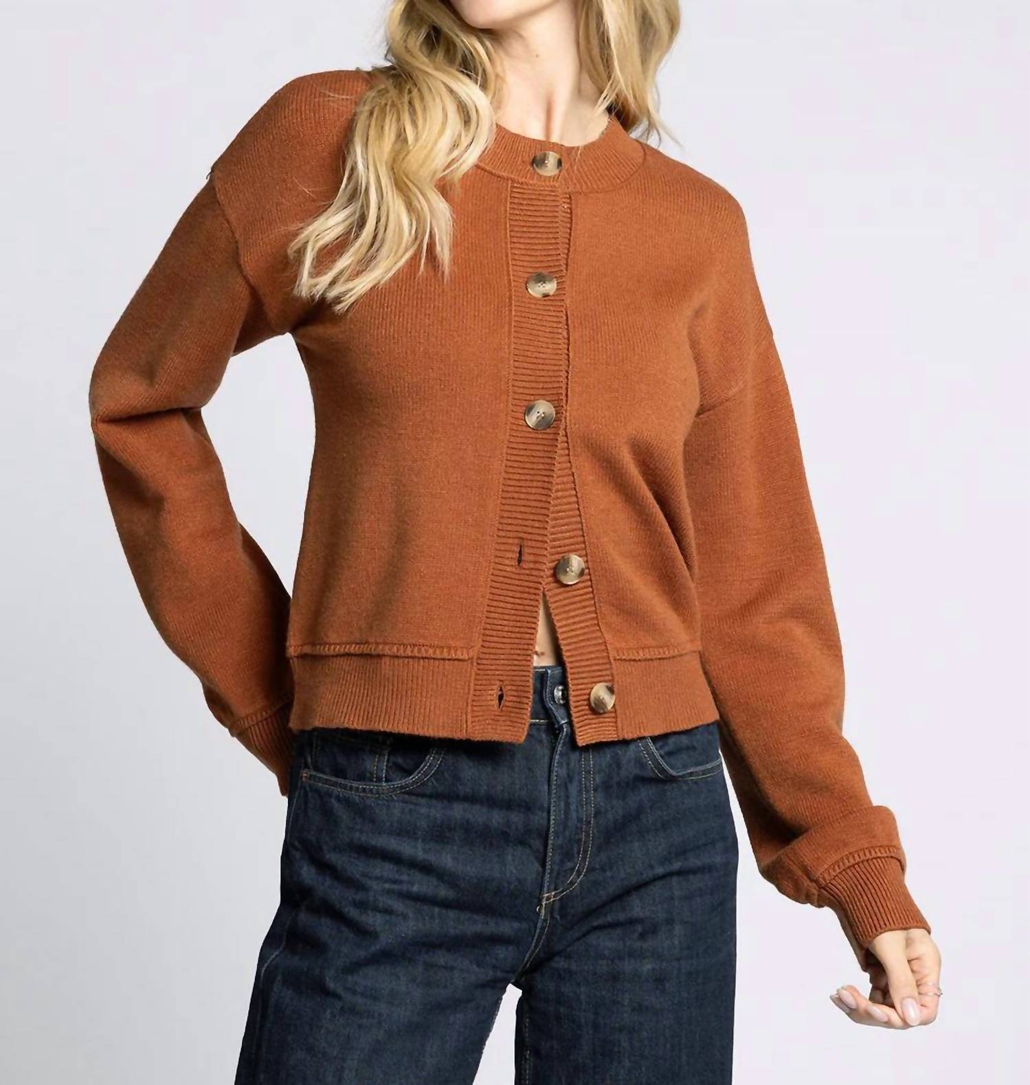 Thread & Supply Eliza Knit Cardigan in rust - women's cardigan - detail view
