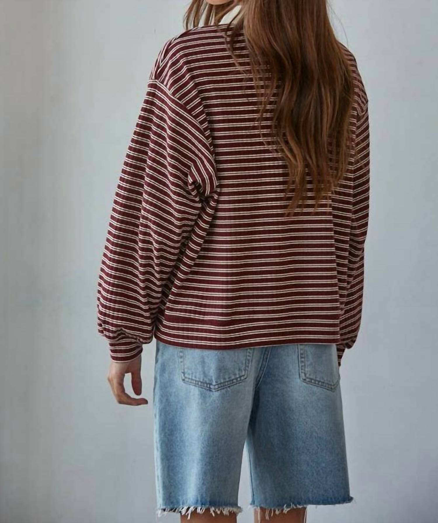 By Together Knit Ribbed Striped Button Up Pullover in red - women's long sleeve top - detail view