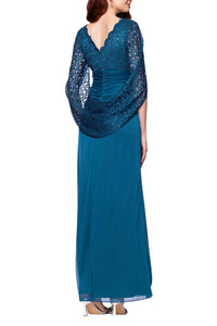 Betsy & Adam - Women's Lace Side Ruche Long Gown Dress