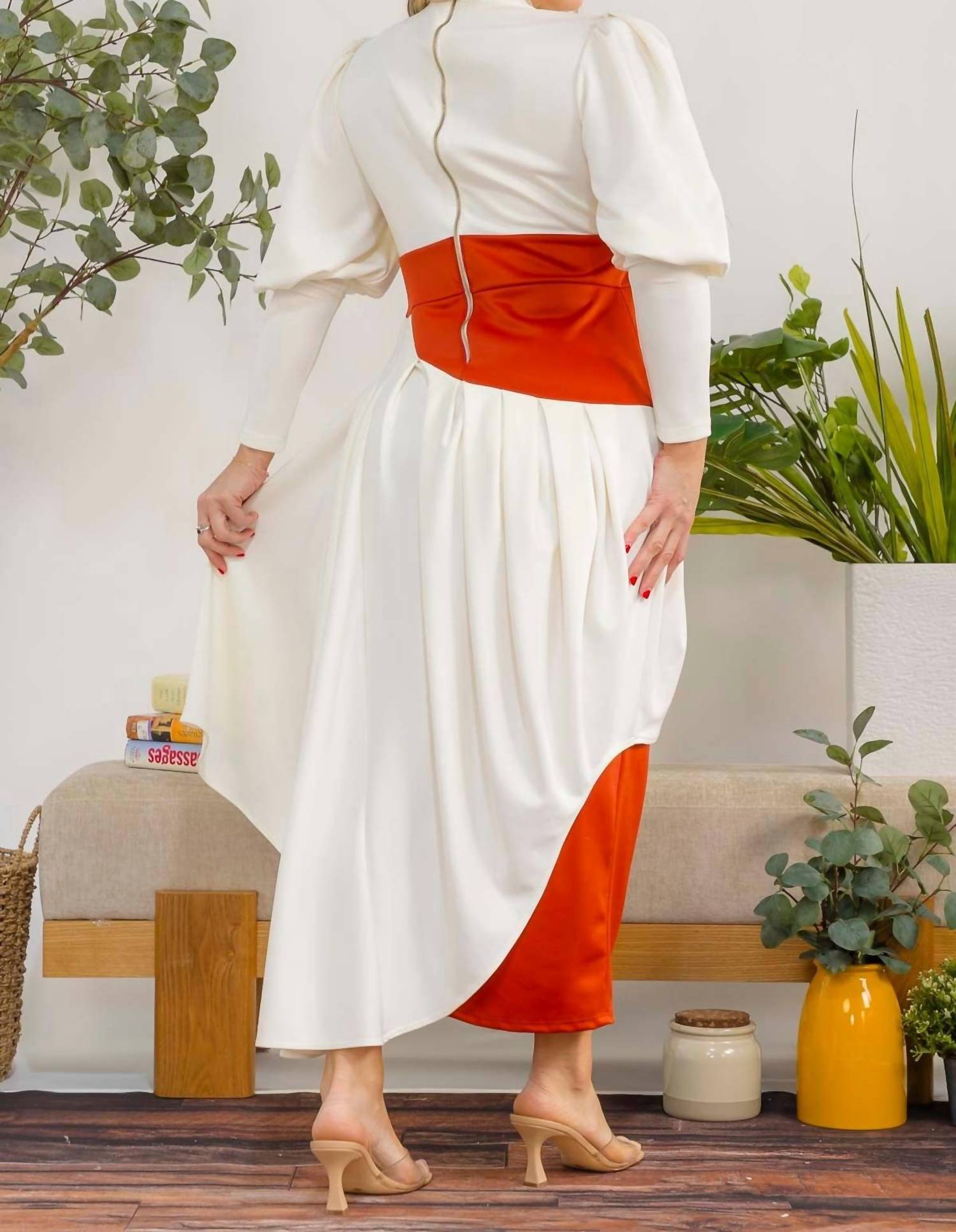 Karen T Design Two-tone Long Sleeve Maxi Dress in brown - women's dress - detail view