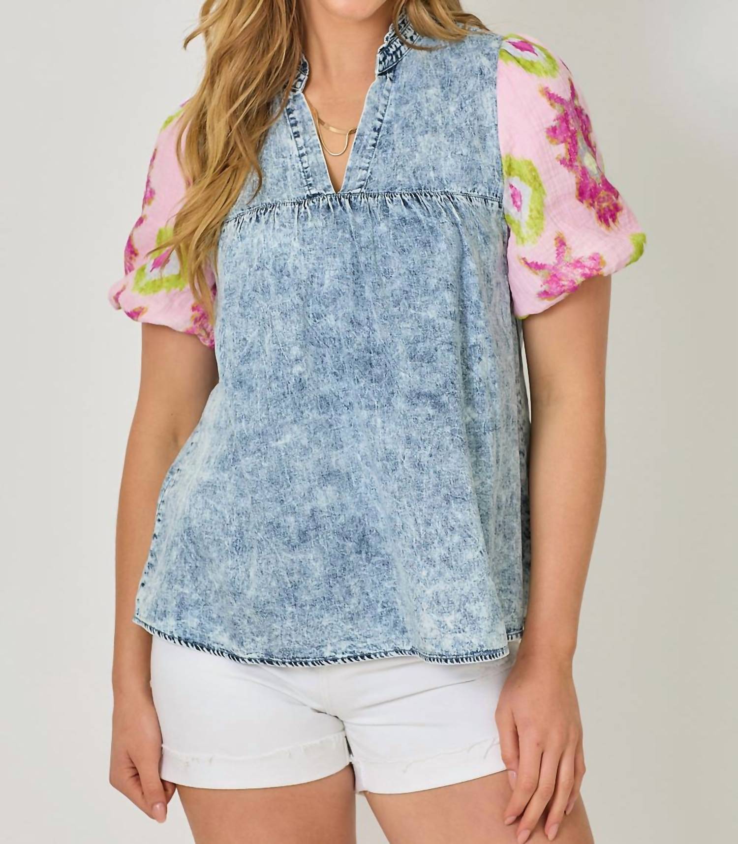 Mystree - Washed Mixed Media Peasant Blouse