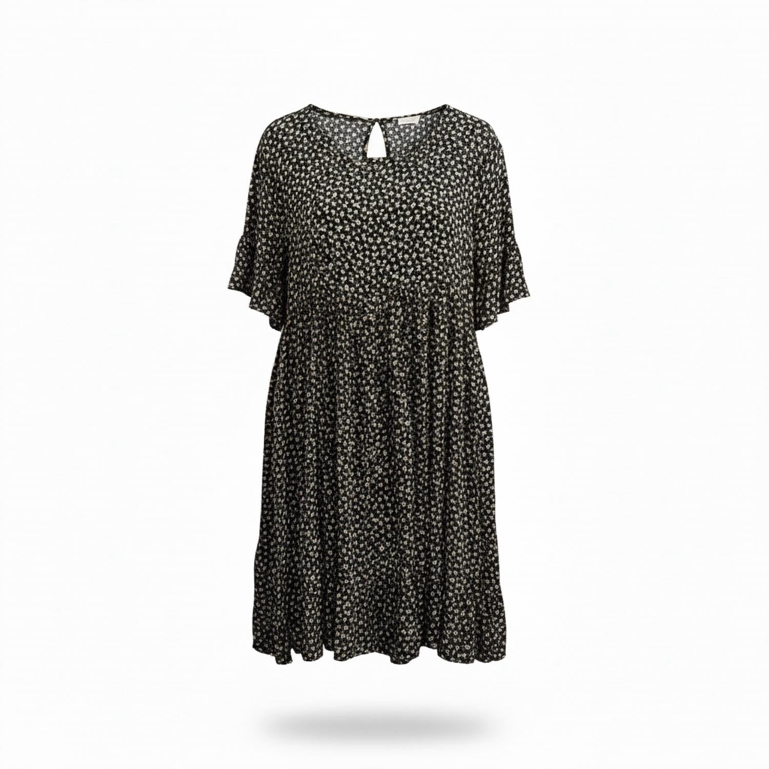 CHRIS & CAROL Ditsy Floral Print Mini Dress With Ruffle Sleeve in black - women's dress - detail view