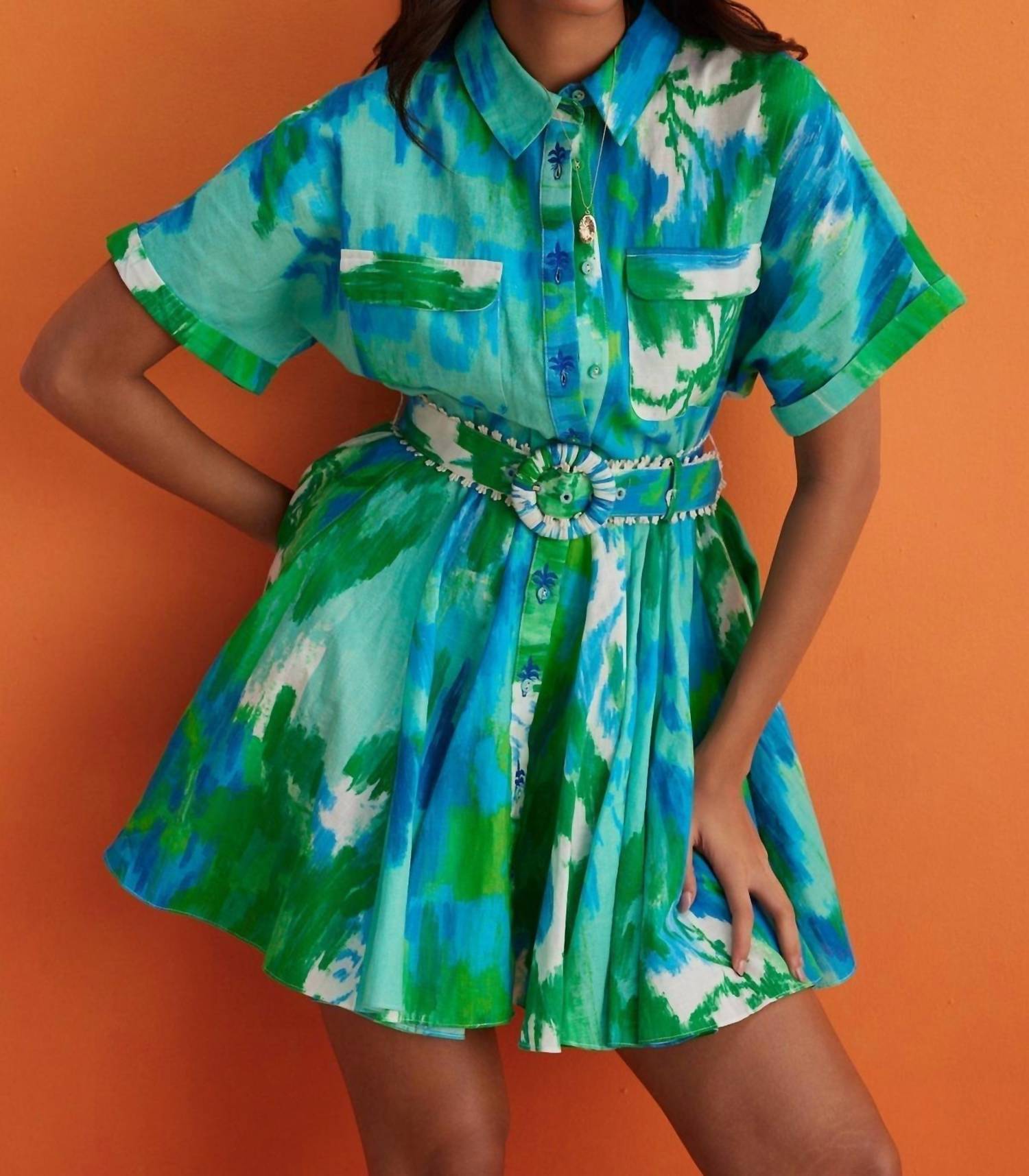 HEMANT & NANDITA Short Dress With Buckle Belt With Collar in blue green - women's dress - view 4