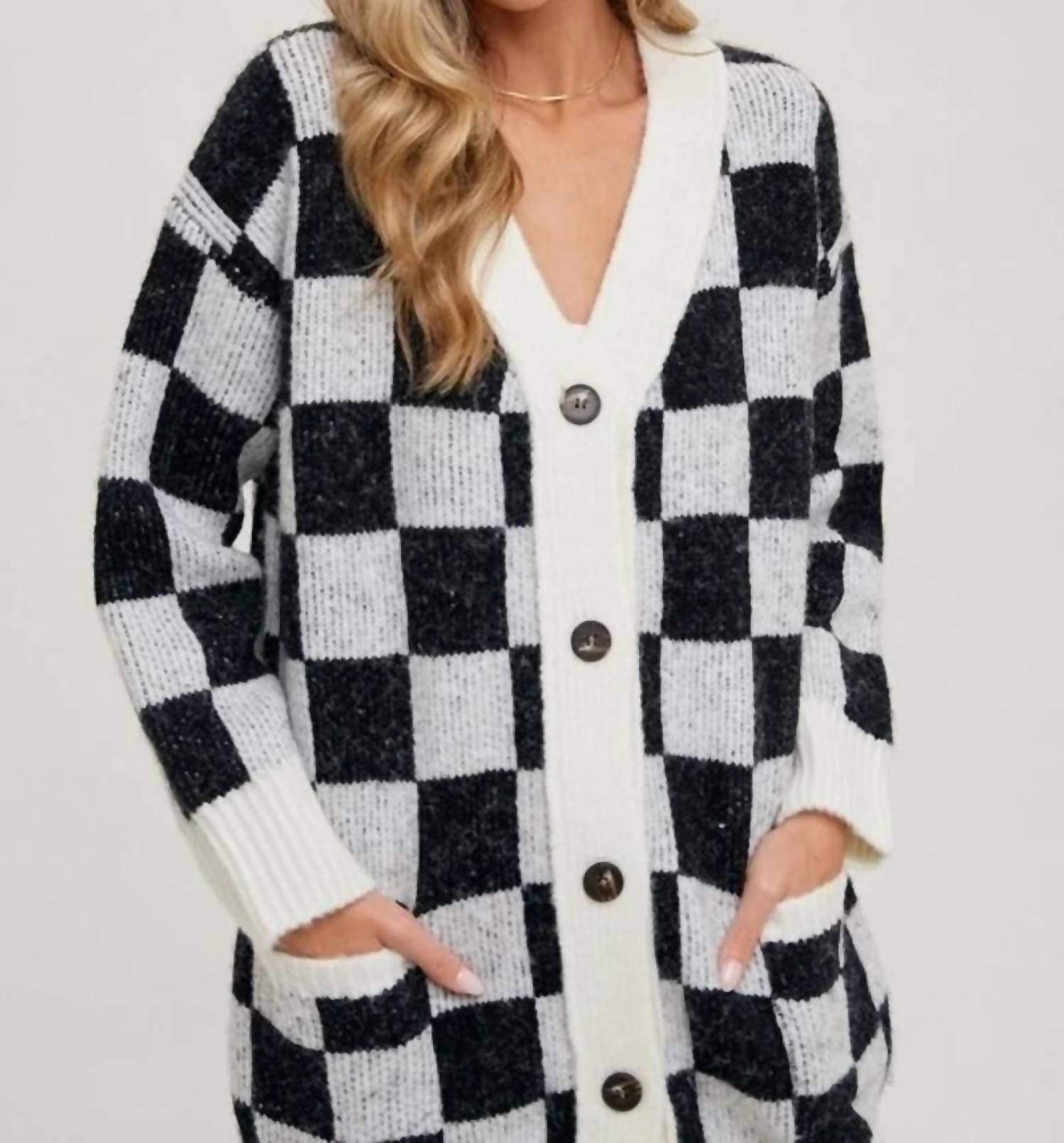 BluIvy Checkered Sweater Cardigan in ivory black - women's cardigan - view 4