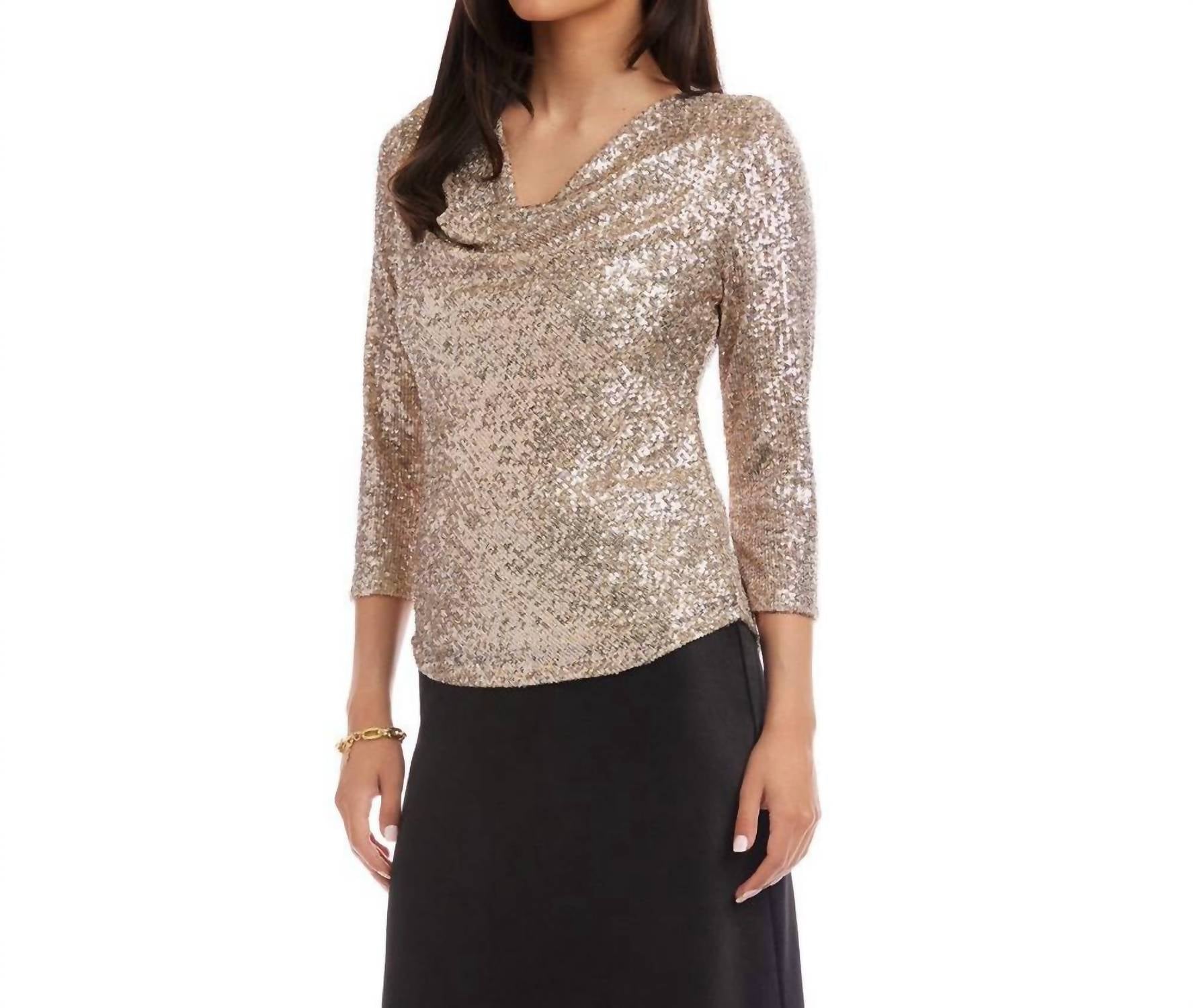 Karen Kane 3/4 Sleeve Drape Front Sequin Top - Plus in champagne - women's blouse - alternate view