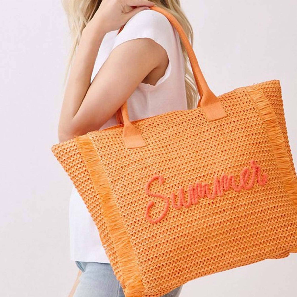 3Am By H&D Accessories - Women's Woven Straw Fringe With Summer Embroidery Tote Bag