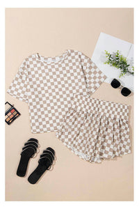 Aapparella Checkerboard Skort Set in tan - women's sleepwear - detail view